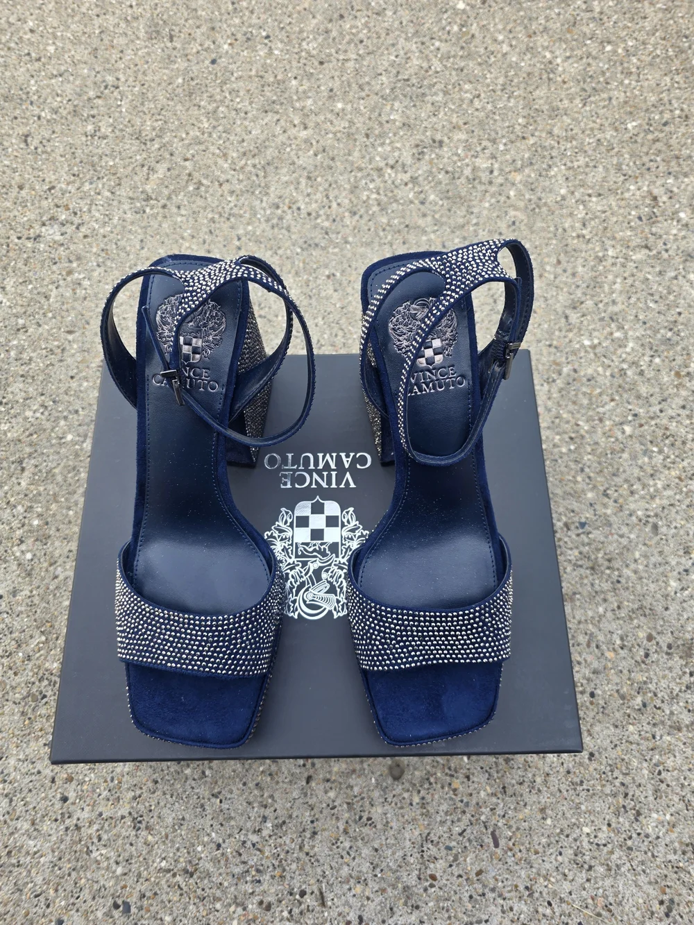Vince Camuto Navy Embellished Block Heel Sandals Women 8.5